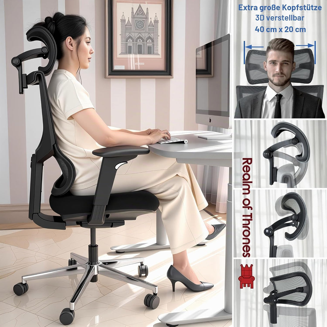Realm of Thrones Admiral Ergonomischer Bürostuhl - verstellbar (Sitz/Rücken), 4D-Armlehnen, 3D-Kopfs