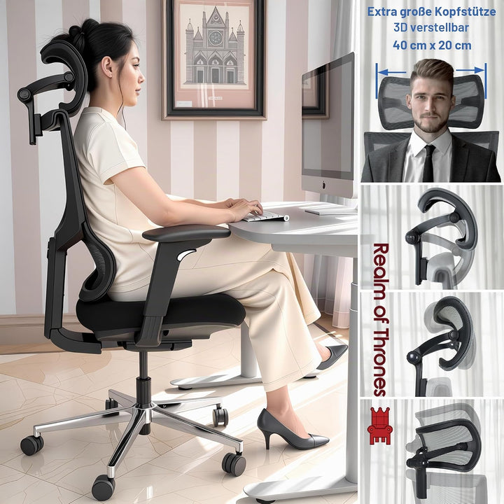 Realm of Thrones Admiral Ergonomischer Bürostuhl - verstellbar (Sitz/Rücken), 4D-Armlehnen, 3D-Kopfs