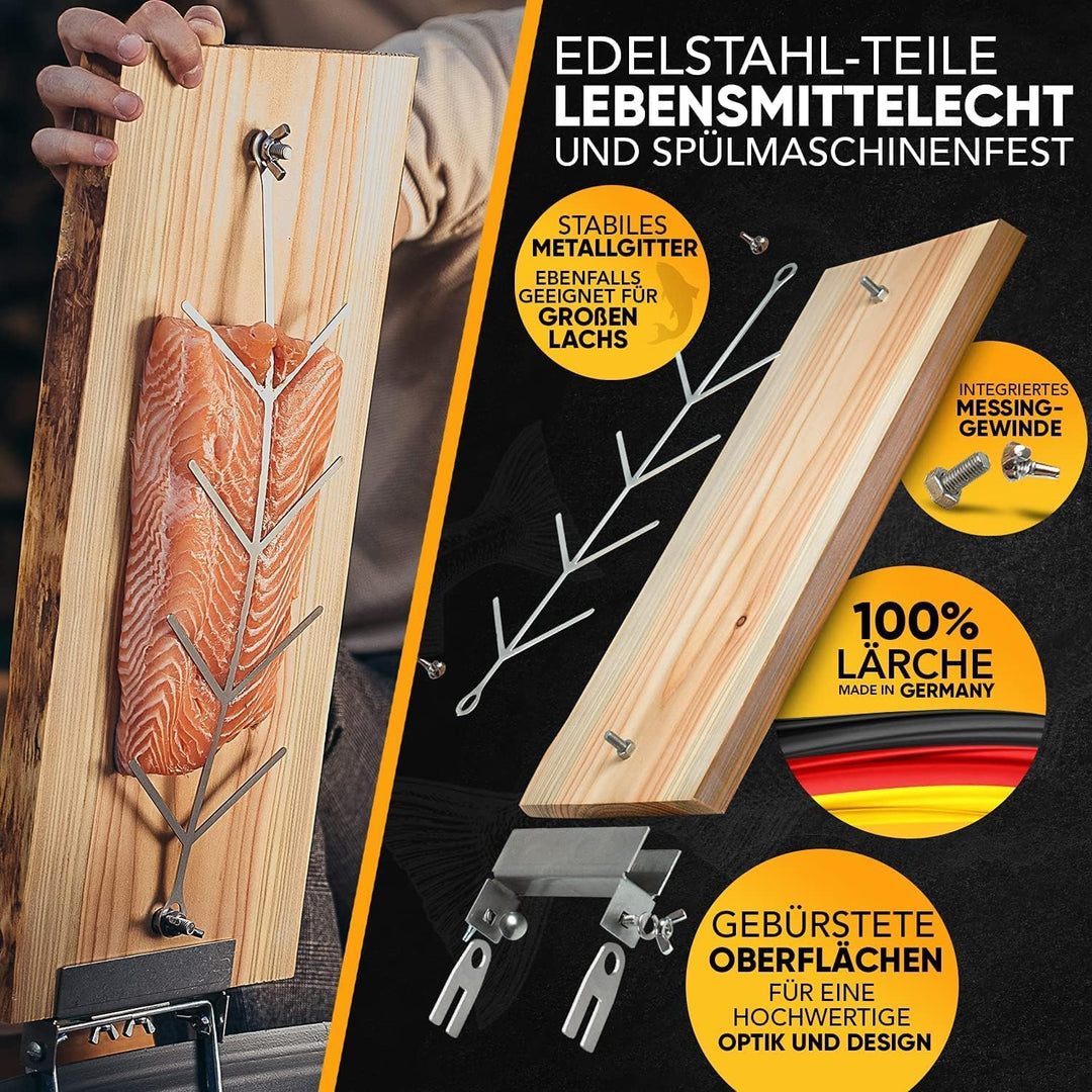Flammlachsbrett mit Halterung aus Edelstahl (100% Made IN Germany) Lachsbrett aus 100% hochwertiger