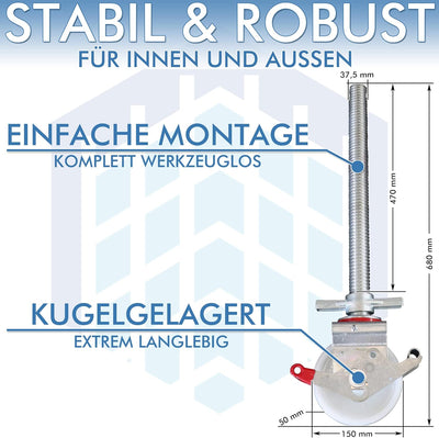 4 Stück Gerüstrollen 150 mm Nylon LAYHER*-kompatibel mit Stahlspindel, doppelt gebremst, lotrecht st