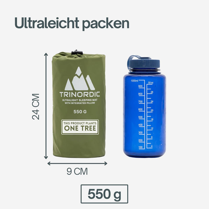 Trinordic 550g Ultraleichte Aufblasbare Isomatte - Mit Aufblasbarem Kissen - Camping Matratze mit Kl