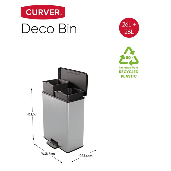 Curver Deco Bin Duo Tretmülleimer, Metallic Silber – Soft-Close-Deckel, 2 herausnehmbare 26L Eimer,