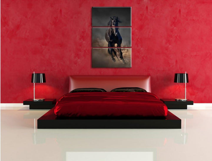 Pixxprint Elegantes schwarzes Pferd Schwarz/Weiss 3-Teiler Leinwandbild 120x80 Bild auf Leinwand
