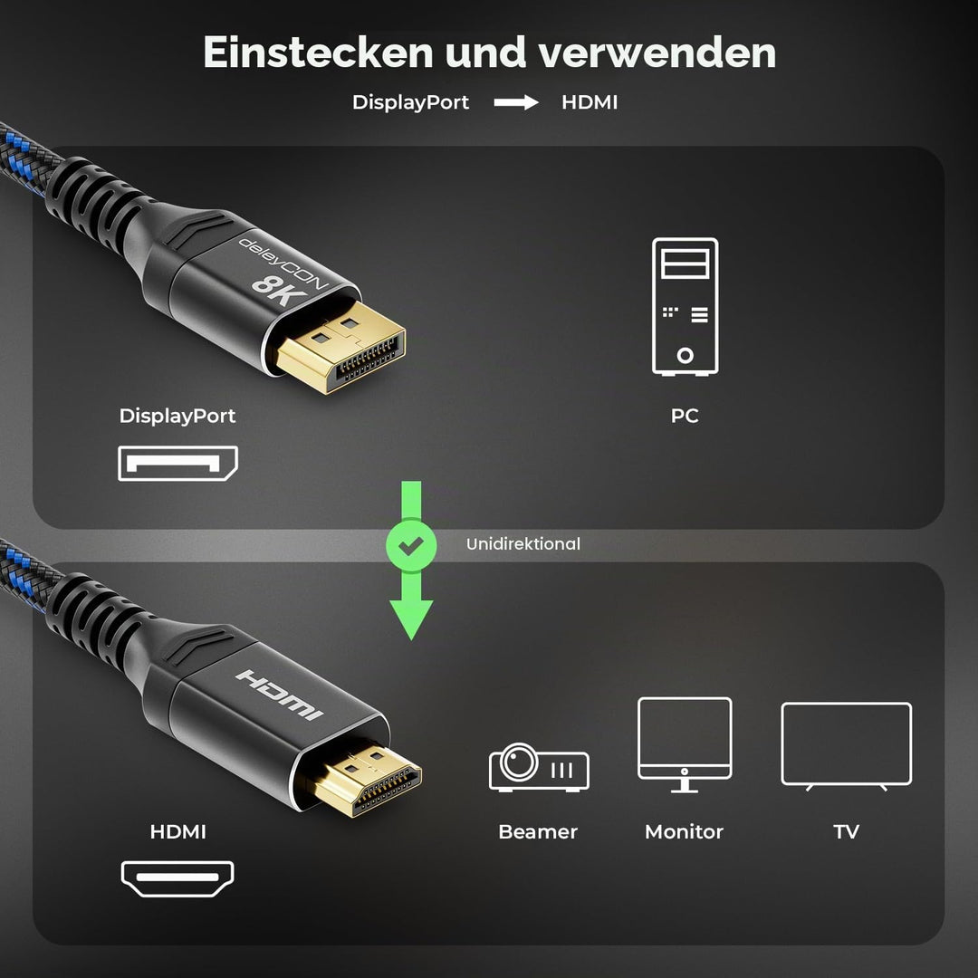 deleyCON 3,0m 4K DisplayPort auf HDMI Kabel (Für HDMI Monitor, TV, Beamer) - 4K@60Hz - Aluminium-Ste