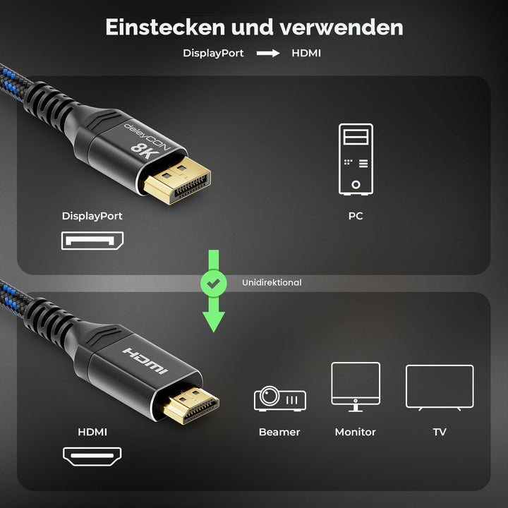 deleyCON 3,0m 4K DisplayPort auf HDMI Kabel (Für HDMI Monitor, TV, Beamer) - 4K@60Hz - Aluminium-Ste
