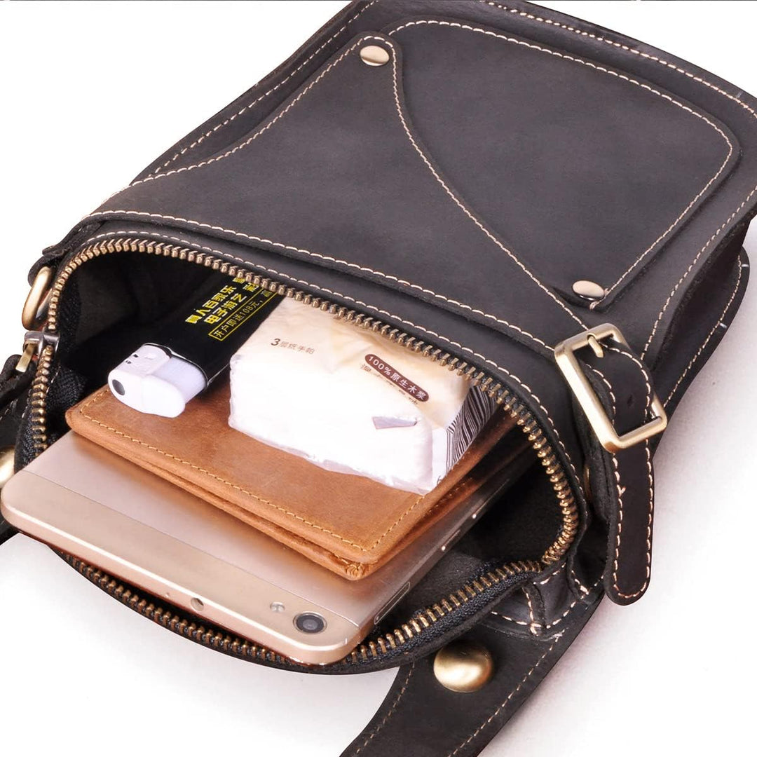 Le'aokuu Herren Leder Motorrad Hüfttasche Messenger Schulter Drop Leg Bag 9326 Dunkelschwarz, 9326 D