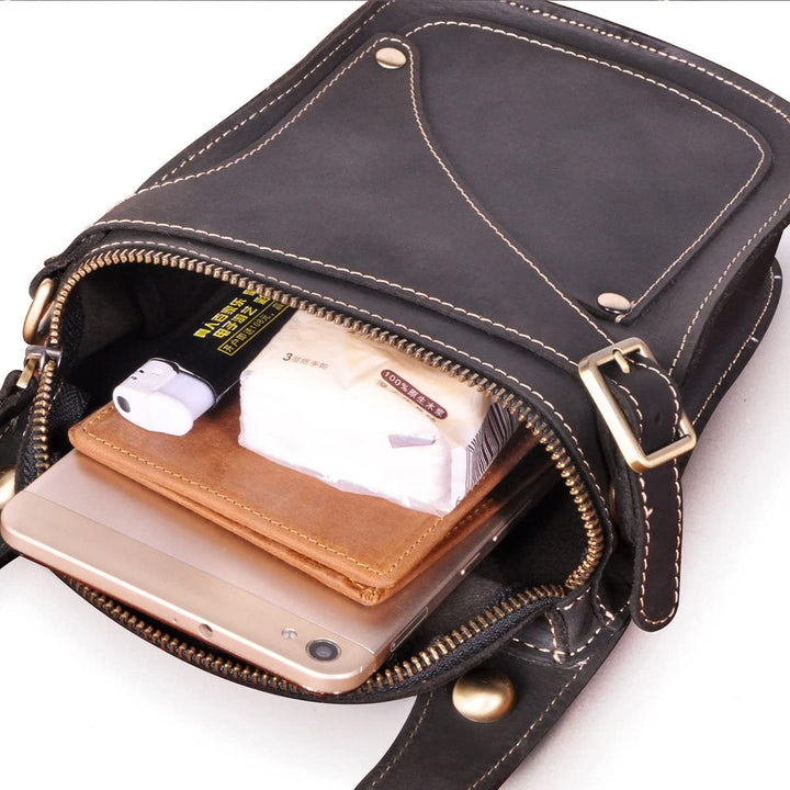 Le'aokuu Herren Leder Motorrad Hüfttasche Messenger Schulter Drop Leg Bag 9326 Dunkelschwarz, 9326 D