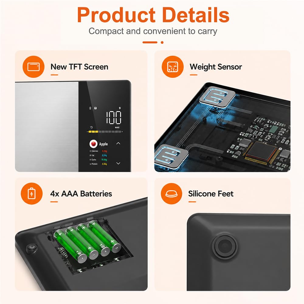 Küchenwaage Digital, SGZIOO Food Scale, Lebensmittelwaage mit TFT Farbdisplay Kalorienrechner Kosten
