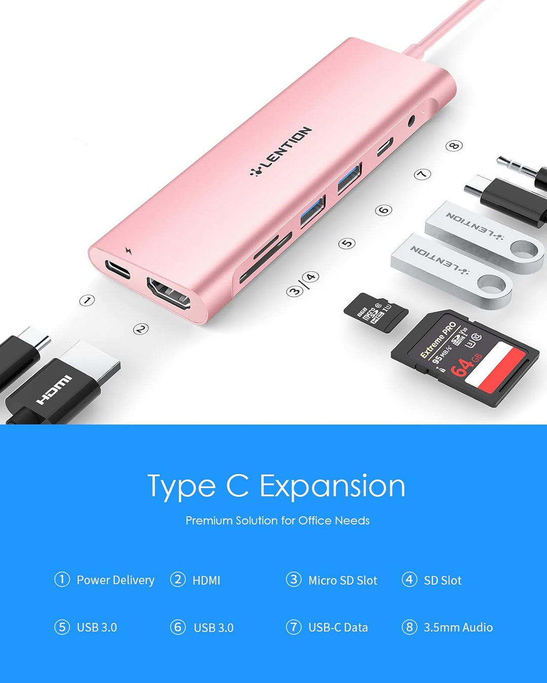 LENTION USB C Hub langes Kabels mit 4K HDMI, USB 3.0, USB-C Datei, SD & Micro SD Kartenleser, AUX, 6