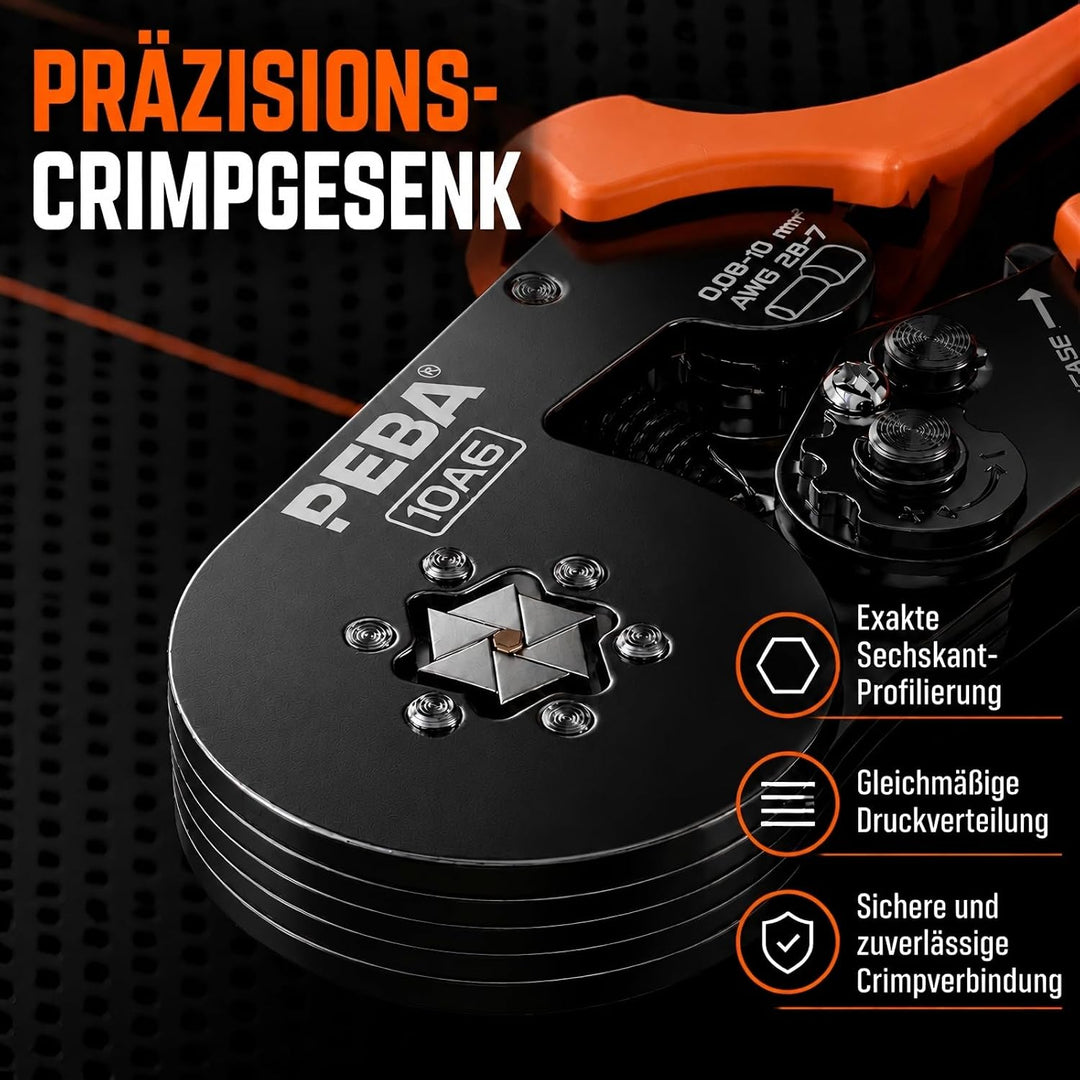 PEBA Crimpzange Set Sechskant mit Abisolierzange, Aderendhülsenzange 0,08–10 mm², 33 Grössen Aderend