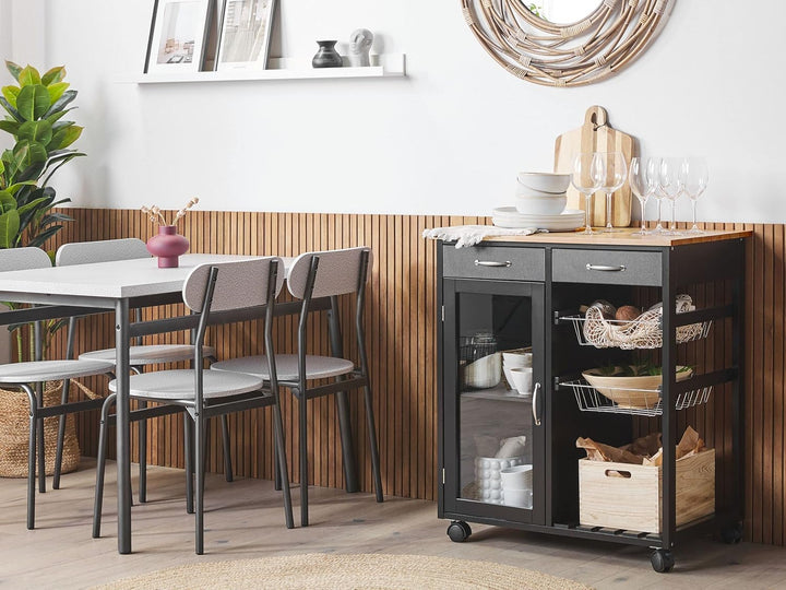 Beliani Servierwagen Holz schwarz mit 2 Schubladen Schrank 2 Metallkörben Rollen Boves