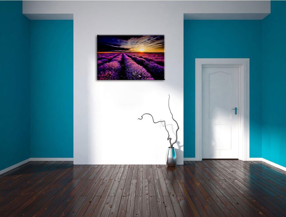 Dark abstraktes Lavendelfeld bei Sonnenuntergang auf Leinwand, XXL riesige Bilder fertig gerahmt mit