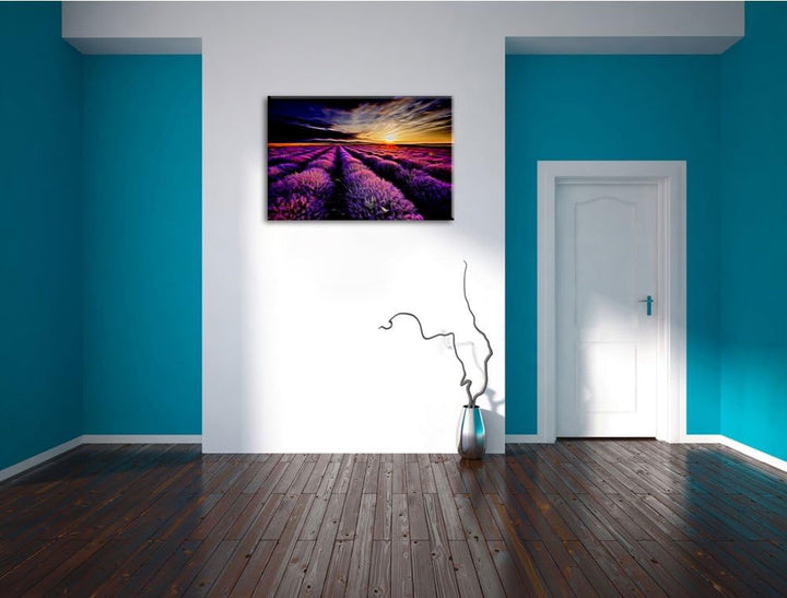 Dark abstraktes Lavendelfeld bei Sonnenuntergang auf Leinwand, XXL riesige Bilder fertig gerahmt mit
