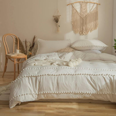 Freyamy Böhmen Bettwäsche 135x200cm 4teilig Weiss Pom Pom Boho Chic Wendebettwäsche Gewaschene Micro