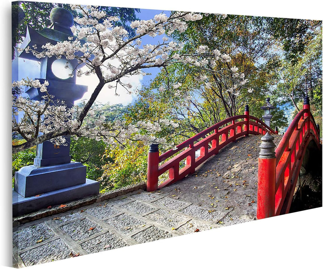 islandburner Bild auf Leinwand Schöne Sakura Im Tempel Bilder Wandbilder Poster Leinwand 100x57cm, L