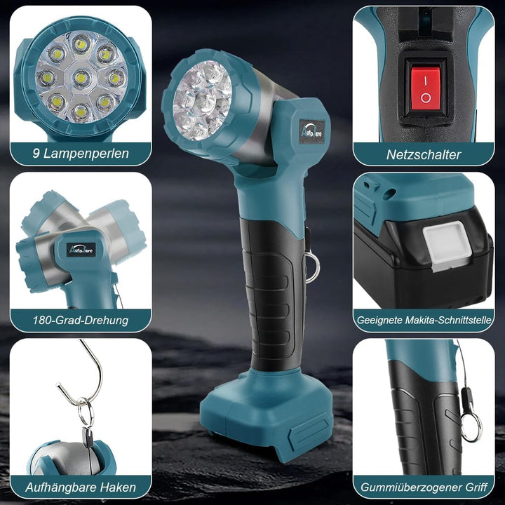 LED Taschenlampe Kompatibel mit Makita 18V 30W Tragbarer Arbeitsleuchte mit Typ C und USB Aufladung