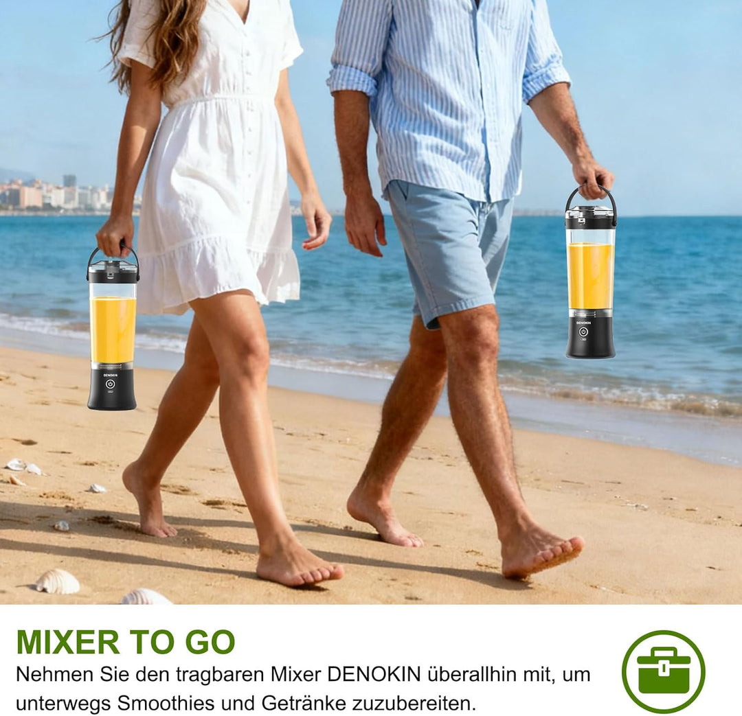 DENOKIN Tragbarer Mixer mit Trinkdeckel, 500ml, Mini Standmixer für Unterwegs, Wiederaufladbar mit U