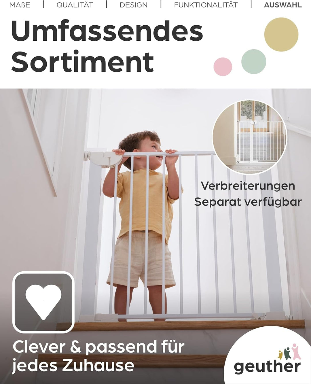 Geuther Türschutzgitter Easylock Flatstep Weiss I Treppenschutzgitter zum Klemmen oder Bohren I Brei