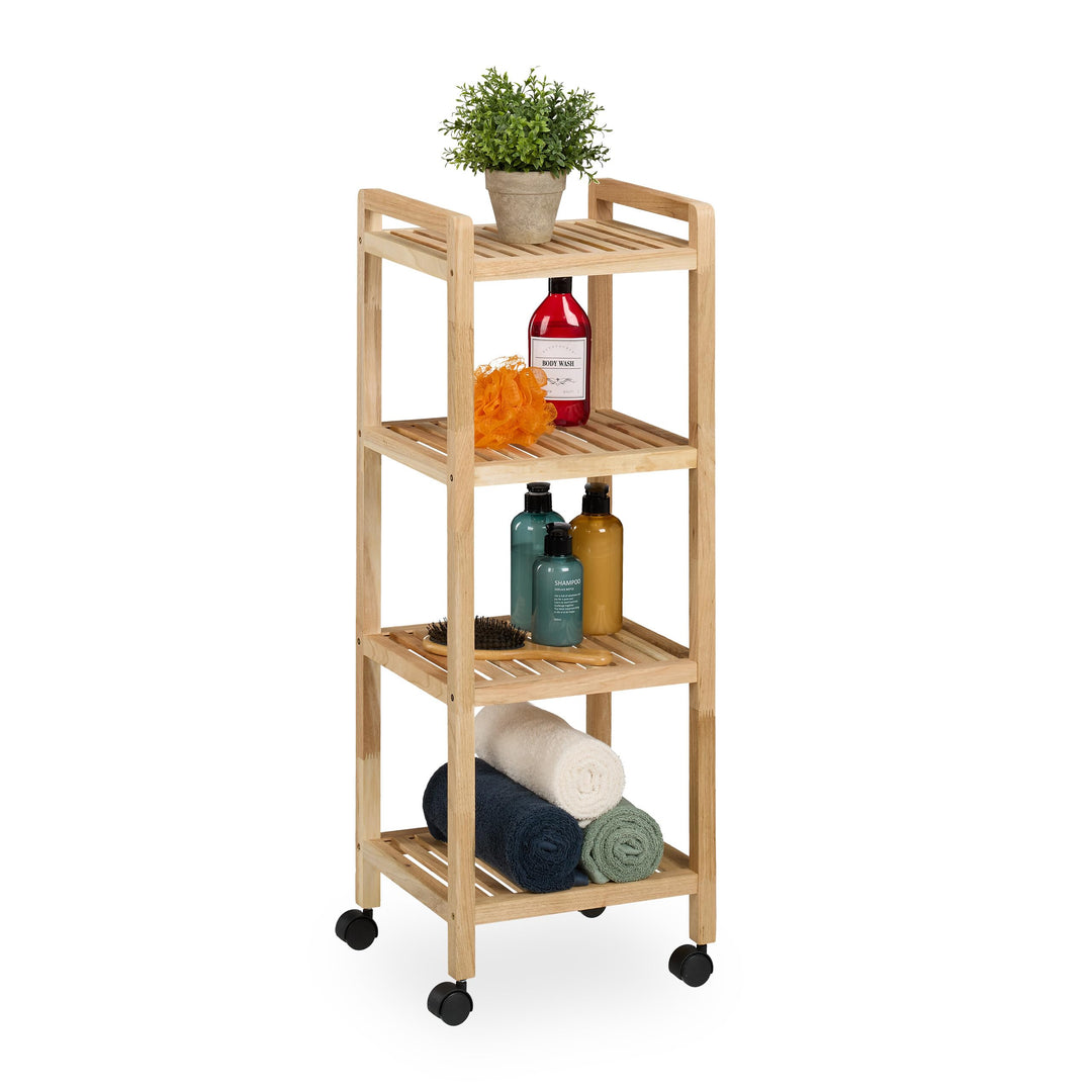 Relaxdays Badregal, Holz, HxBxT: 97 x 35 x 31 cm, Holzregal mit Rollen, 4 Ablagen, Regal für Badezim