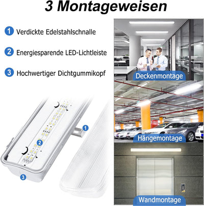 UISEBRT Feuchtraumleuchte LED 150cm 48W 4320LM Wannenleuchte LED Deckenleuchte IP65 Wasserfest Werks