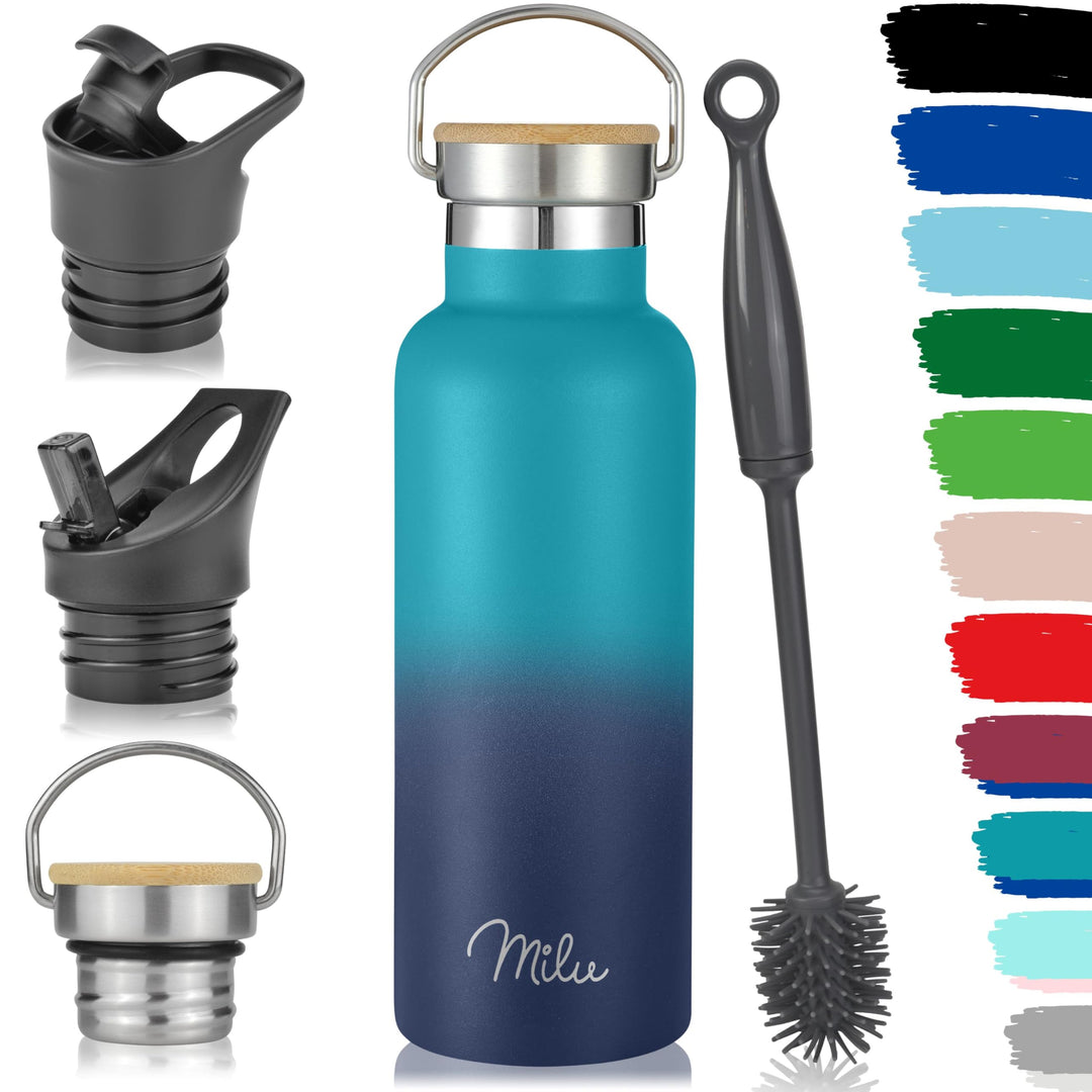 Milu Edelstahl Trinkflasche 500ml, 750ml, 1000ml (+3 Deckel) - Thermosflasche mit Strohhalm, Isolier
