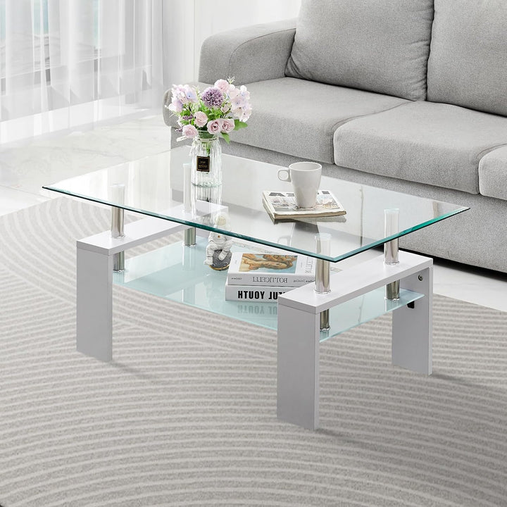 TUKAILAI Couchtisch Glas modern, Rechteckiger Wohnzimmertisch Beistelltisch mit unterer Ablage, Kaff