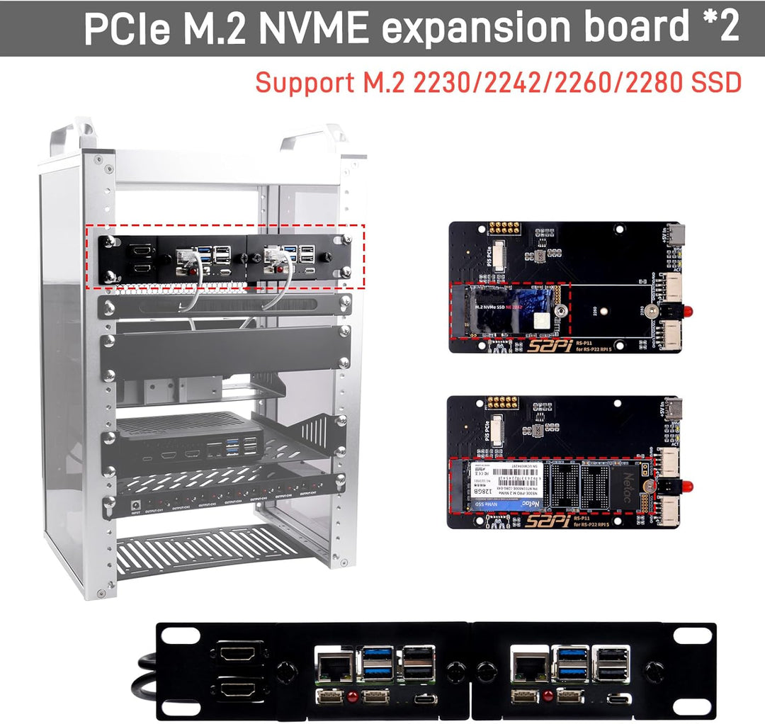 GeeekPi 10 Zoll 1U Rack-Halterung für Raspberry Pi 5, mit 2PCS PCIe auf M.2 NVMe SSD Adaptern, hält
