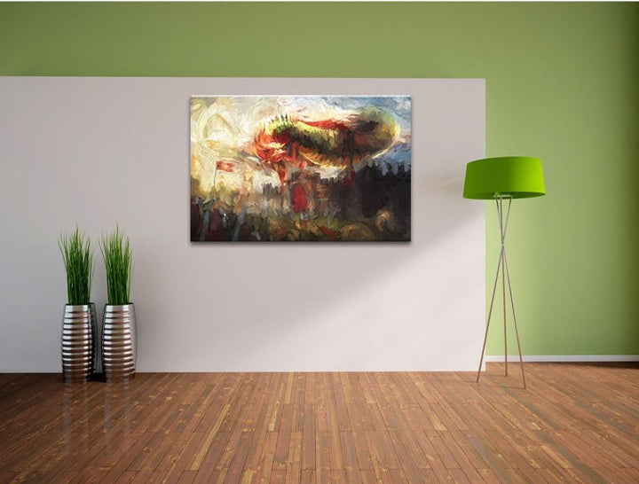 Pixxprint Drache über der Festung / 100x70cm Leinwandbild bespannt auf Holzrahmen/Wandbild Kunstdruc