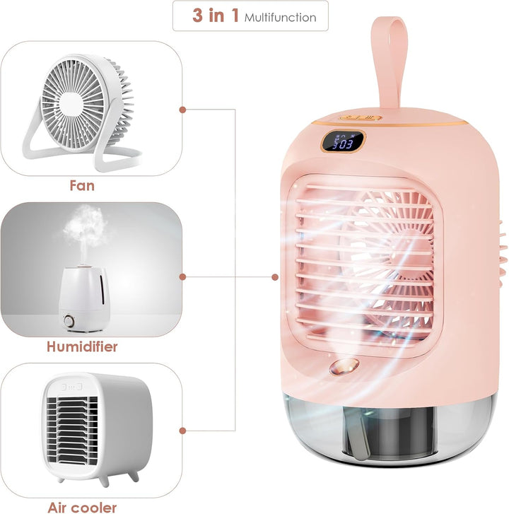 Drehbar Mobile Klimageräte, Mini Multifunktional USB Air Cooler mit 3 Geschwindigkeiten, Nachtlicht,