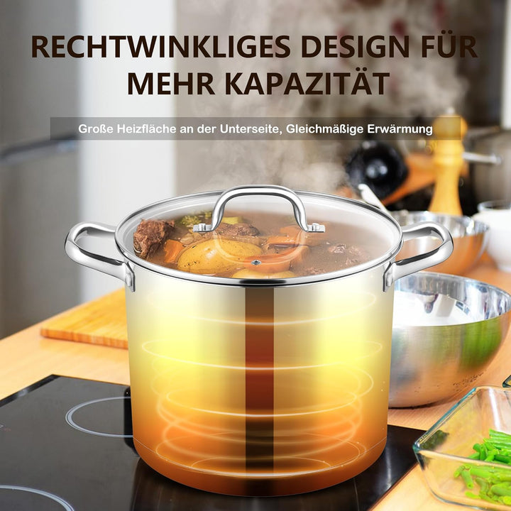 Joyfair Topf Kochtopf, 9,5 Liter Edelstahl Gross Topf Induktion mit Glasdeckel, 3 Lagen Stabiler Bod