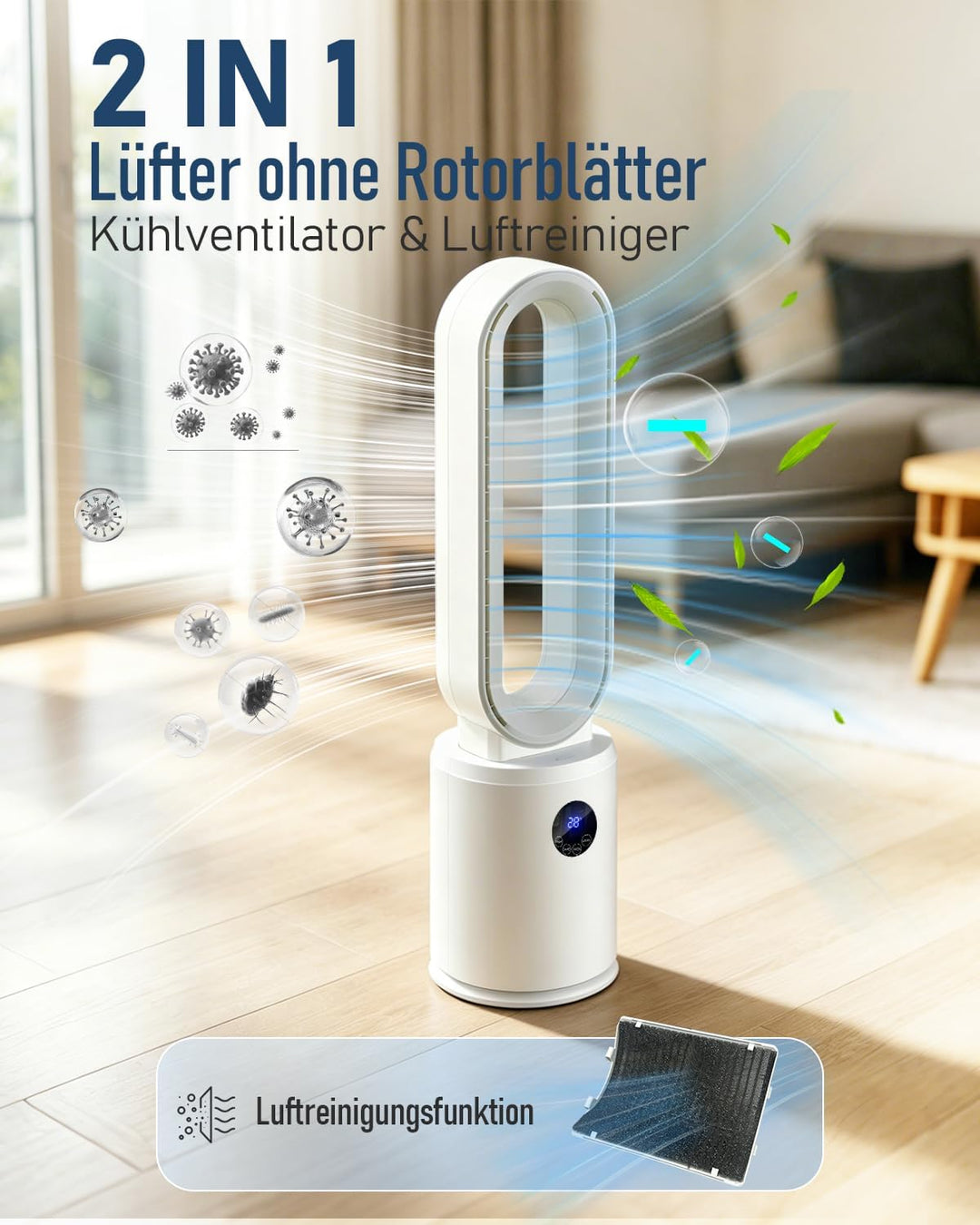 Rotorloser Ventilator, 24 Stufen Leiser Tischventilator mit Fernbedienung & 12h Timer, Energiesparen