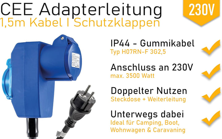 ChiliTec CEE Adapter mit Steckdose 90° CEE-Kupplung auf Schutzkontakt-Stecker 230V 16A 1,5m Kabel H0