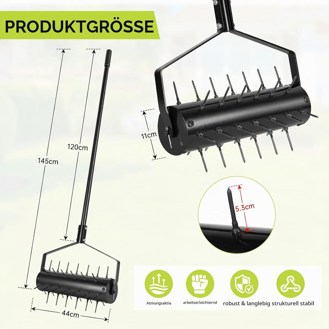 Rasenbelüfter Manuell Rollender Aerifizierer 44 x 141cm Handvertikutierer mit 39 Nägeln (5,8cm) und