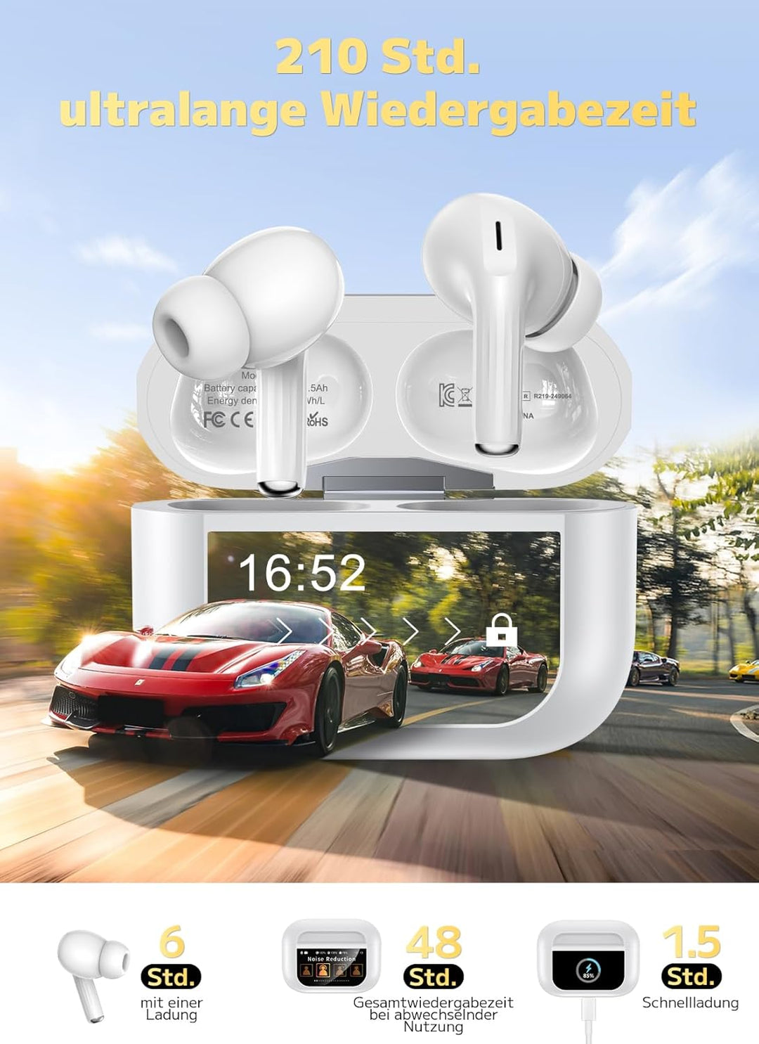 ZZU Kopfhörer Kabellose Bluetooth mit Smart Touchscreen, 48 Std. Laufzeit, Bluetooth 5.4 In-Ear Ohrh