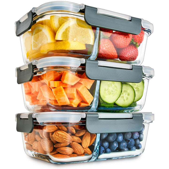 2-Fach Meal Prep Container aus Glas mit Transparentem deckel – Luftdicht Verschliessbare Frischhalte