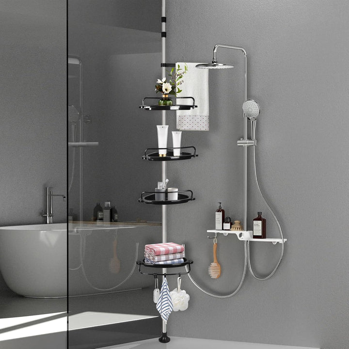 Duschregal Teleskop 105–310 cm, Duschablage ohne Bohren mit 4 Ablagen, Höhenverstellbares Badregal a