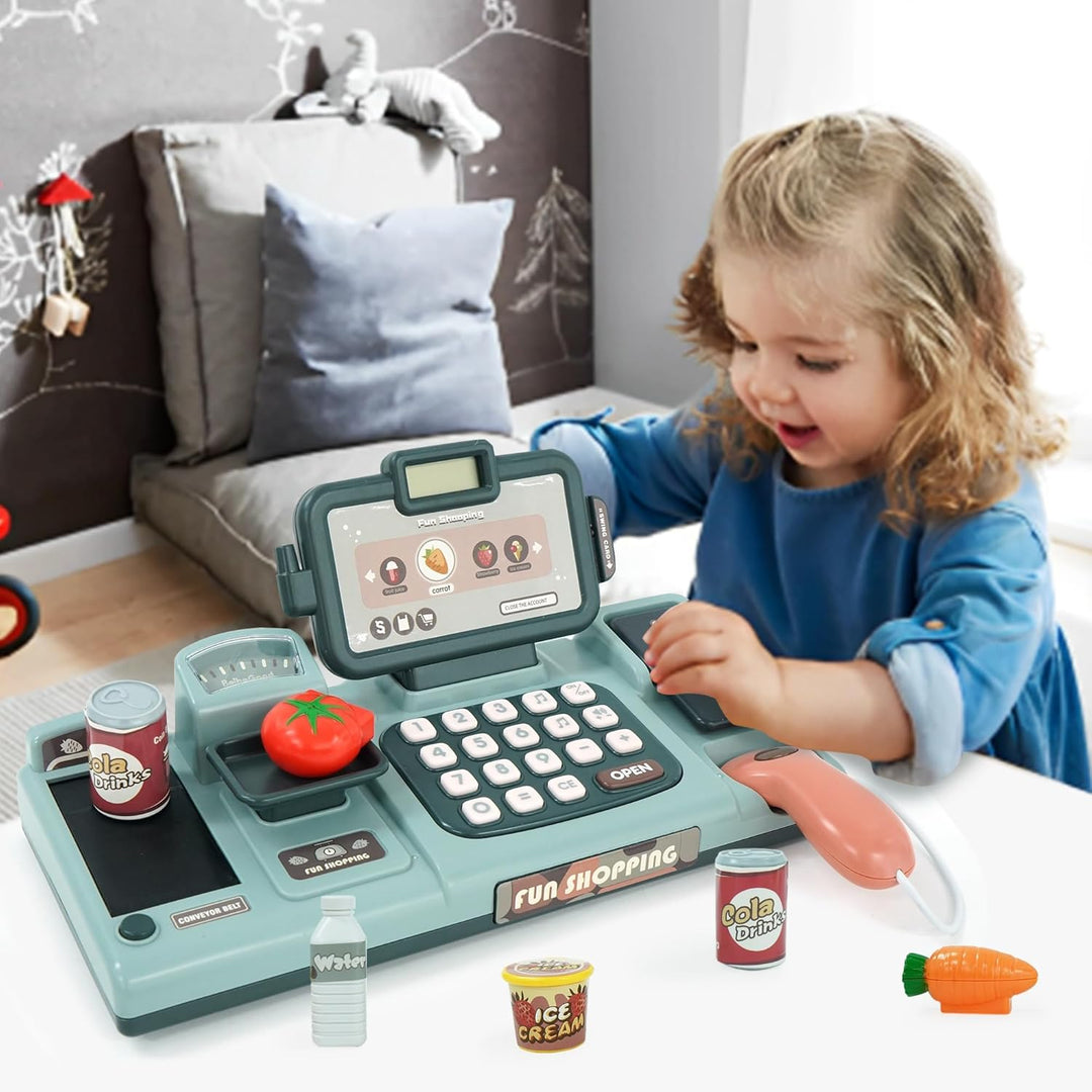 Kinder Kasse Spielzeug Supermarkt Registrierkasse mit Scanner, Sound, Essen, Kreditkarten-Geschenk,