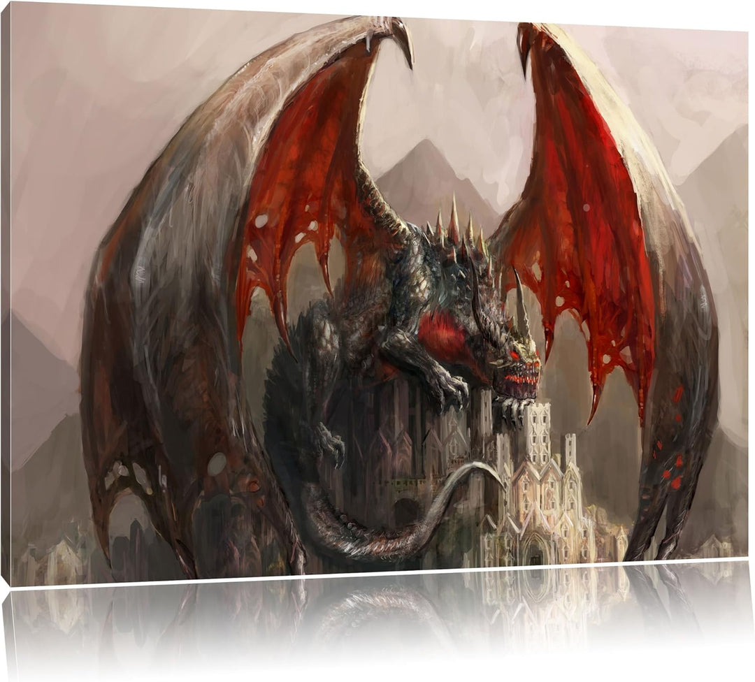 Pixxprint Dragon Castle, Format: 100x70 auf Leinwand, XXL riesige Bilder fertig gerahmt mit Keilrahm