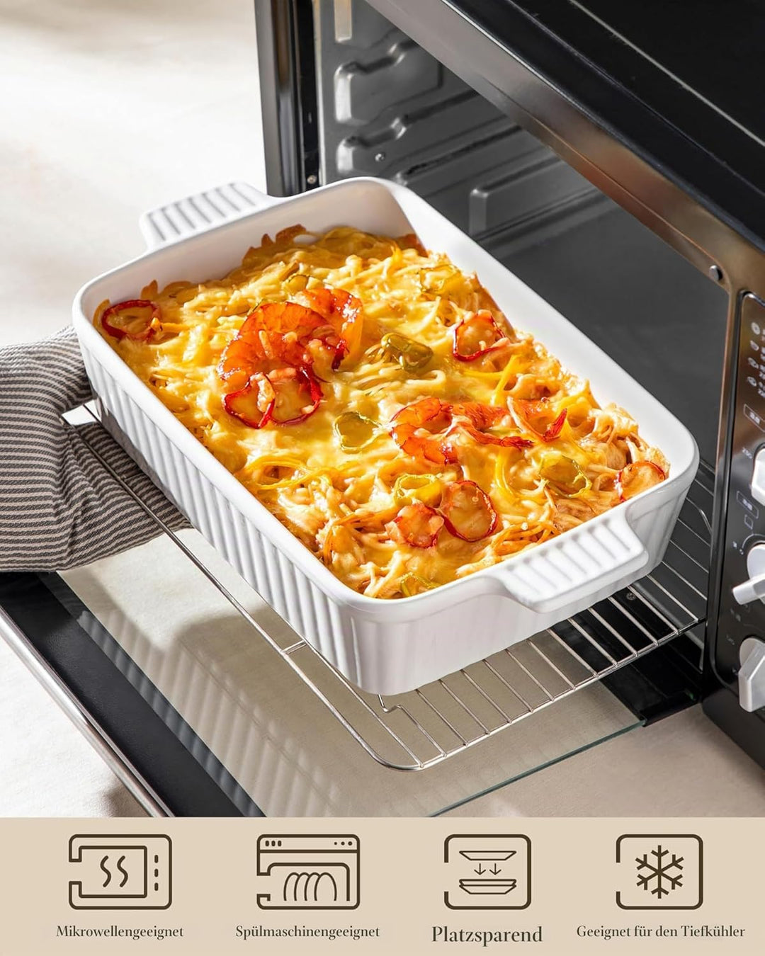 MALACASA Auflaufform Gross, 40 cm Rechteckig Ofenform mit Griffen für 4-6 Personen(4 L), Tiefe Bakin