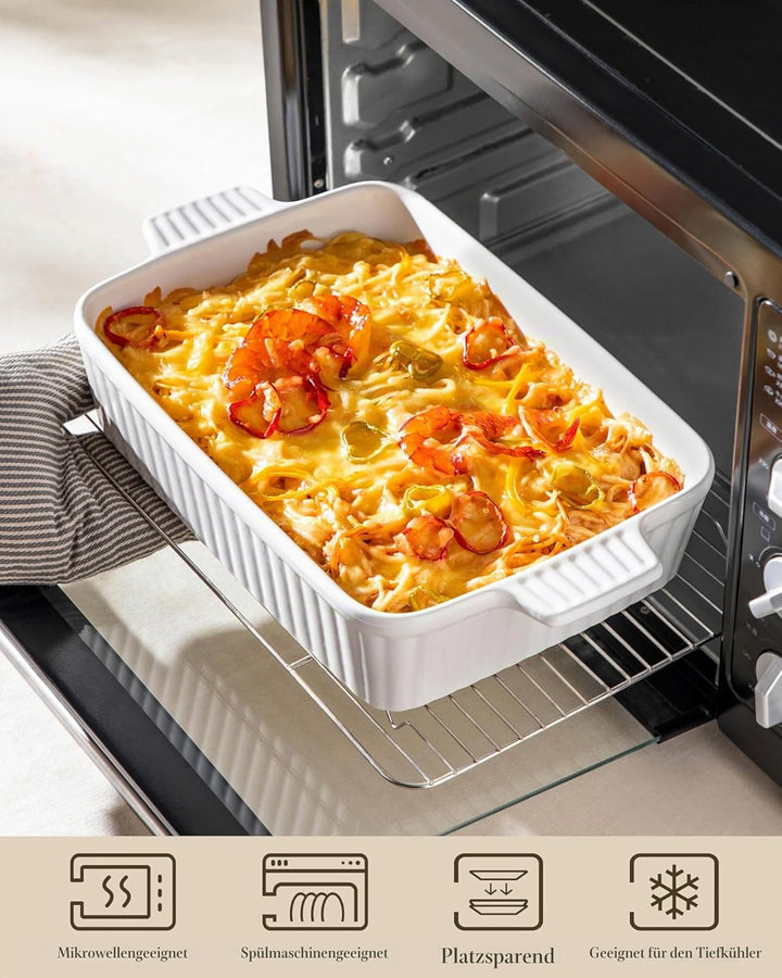 MALACASA Auflaufform Gross, 40 cm Rechteckig Ofenform mit Griffen für 4-6 Personen(4 L), Tiefe Bakin