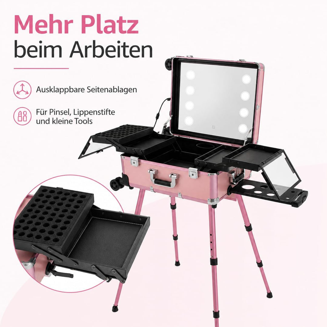 Kosmetikkoffer Trolley mit LED-Spiegel, Rosa, Aluminium, 82 cm | Ausziehbare Beine, 49 x 36 cm Spieg