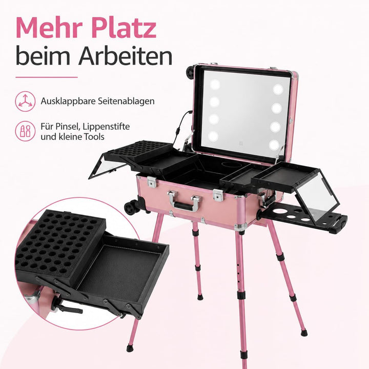 Kosmetikkoffer Trolley mit LED-Spiegel, Rosa, Aluminium, 82 cm | Ausziehbare Beine, 49 x 36 cm Spieg