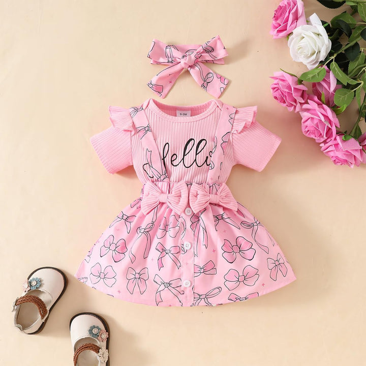 Neugeborenes Baby Mädchen Röcke Sets Kurzarm Rüschen Top + Bedrucktes Overalls Hosenträger Kleid + S