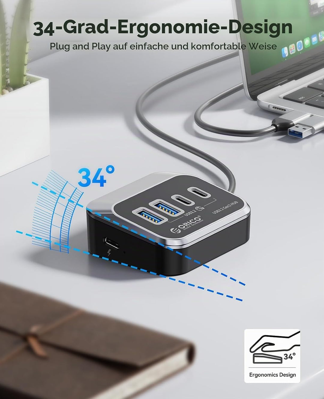 ORICO USB 3.2 Hub, USB 3.2 Gen 2 Hub mit 2 USB-A 3.2 Gen2 und 2 USB-C 3.2 Gen2, USB-Splitter kompati