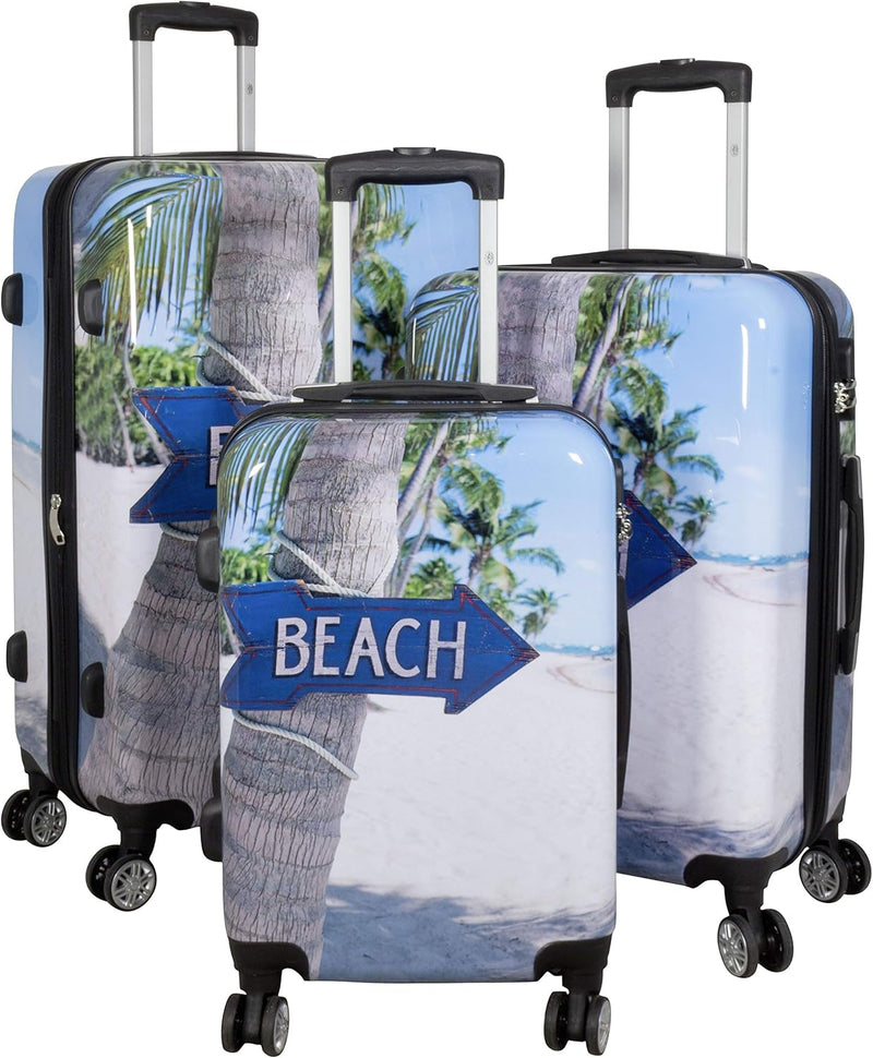 Trendyshop365 Hartschale Koffer-Set mit Motiv 3-teilig Beach 4 Räder Bunt Strand Zahlenschloss Koffe