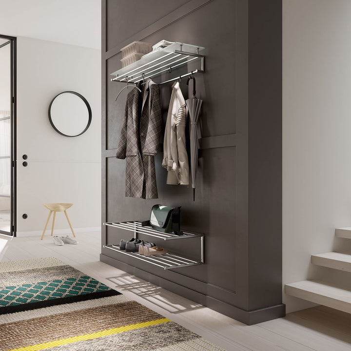 PHOS Design, G18-1000G, 100 cm Wandgarderobe mit Glasablage, Kleiderstangen aus Edelstahl matt 100 c