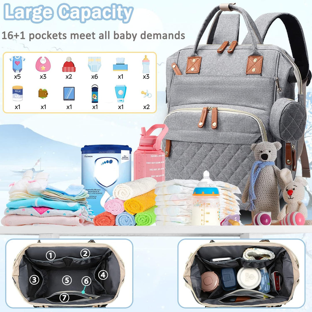Diaper Bag Backpack Baby Bag, Baby Girl Boy Diaper Bag for Dad Mom with Pad, 16 Pockets Grau, Grau