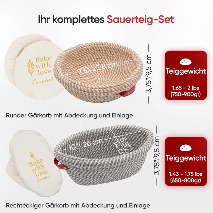 Banneton Gärkörbchen-Set, ovale und runde Gärkörbe aus Baumwollseil mit Einlagen und Abdeckungen, Sa
