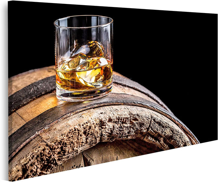 islandburner Bild auf Leinwand Glas Whisky Mit EIS Auf Alten Holzfass Wandbild Poster Kunstdruck Bil