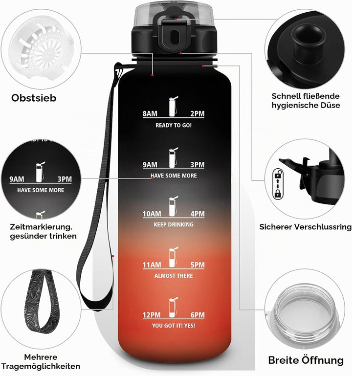KollyKolla Trinkflasche Kohlensäure Geeignet, 500ml/1L/1.5L, Sport Trinkflasche mit Zeitmarkierung,
